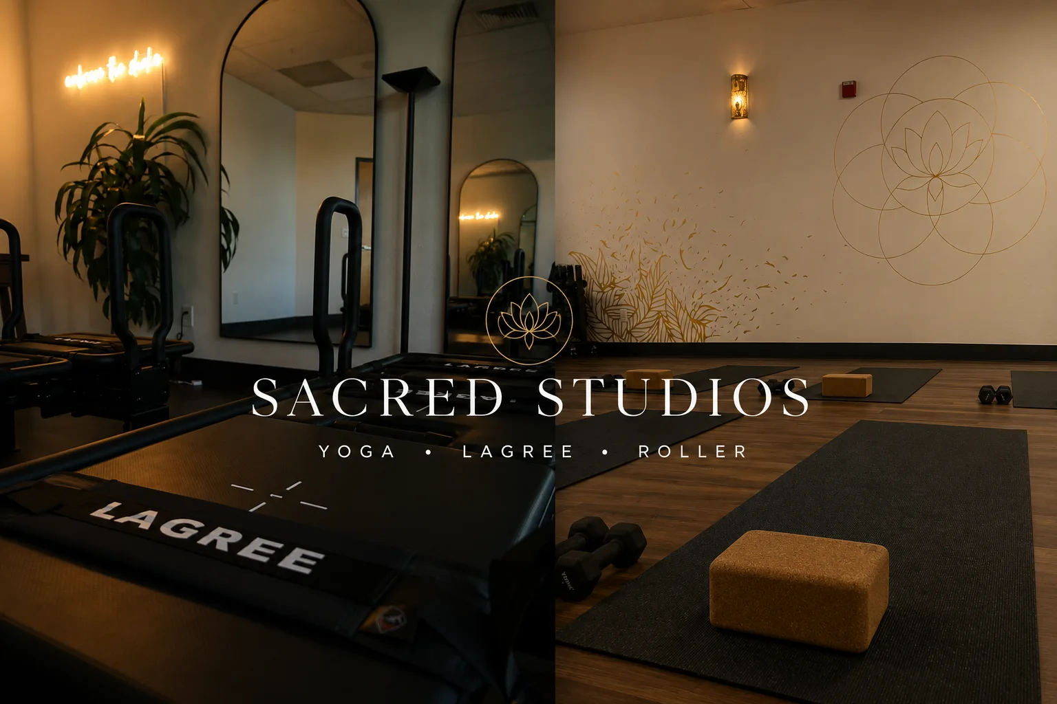 Inside Sacred Studios in Roseville, CA — Lagree Megaformer room and hot yoga room with mats, cork blocks, and gold lotus mural